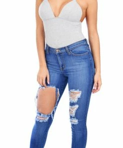 Emprada Medium Stone Wash Cut Out Distressed Jeans Bottoms