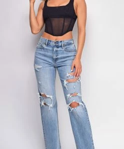 Emprada Suki Blue High Rise Straight Leg Ripped Jeans Bottoms