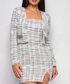 Emprada Giorgiana Grey Plaid Slit Dress & Crop Blazer Set Dresses