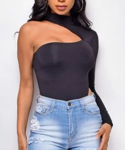 Emprada Valli Black Mock Neck One Shoulder Bodysuit Tops