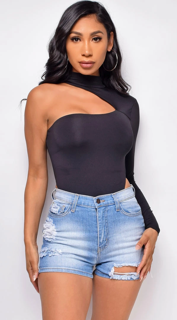 Emprada Valli Black Mock Neck One Shoulder Bodysuit Tops 1 Emprada Valli Black Mock Neck One Shoulder Bodysuit Tops