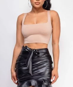 Emprada Myron Black PU Leather Ruched Skirt Bottoms