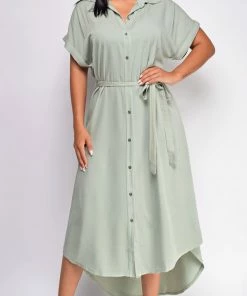 Emprada Dresses Blakely Light Green Button Down Shirt Dress