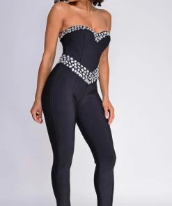 Emprada Jenna Black Embellished Gem Bandage Jumpsuit