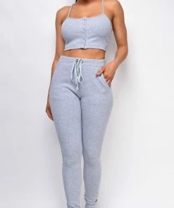Emprada Loungewear Leon Grey Rib Crop Tank & High Waist Jogger Set