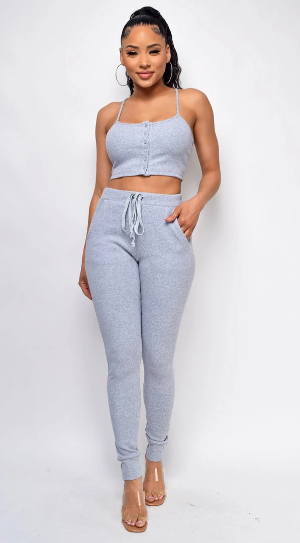 Emprada Loungewear Leon Grey Rib Crop Tank & High Waist Jogger Set 1 Emprada Loungewear Leon Grey Rib Crop Tank & High Waist Jogger Set