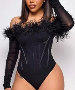 Emprada Sierra Black Off Shoulder Feather Mesh Bodysuit Tops