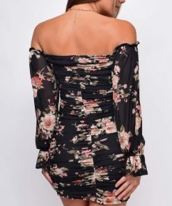 Emprada Dresses Bellina Black Floral Off Shoulder Mini Dress