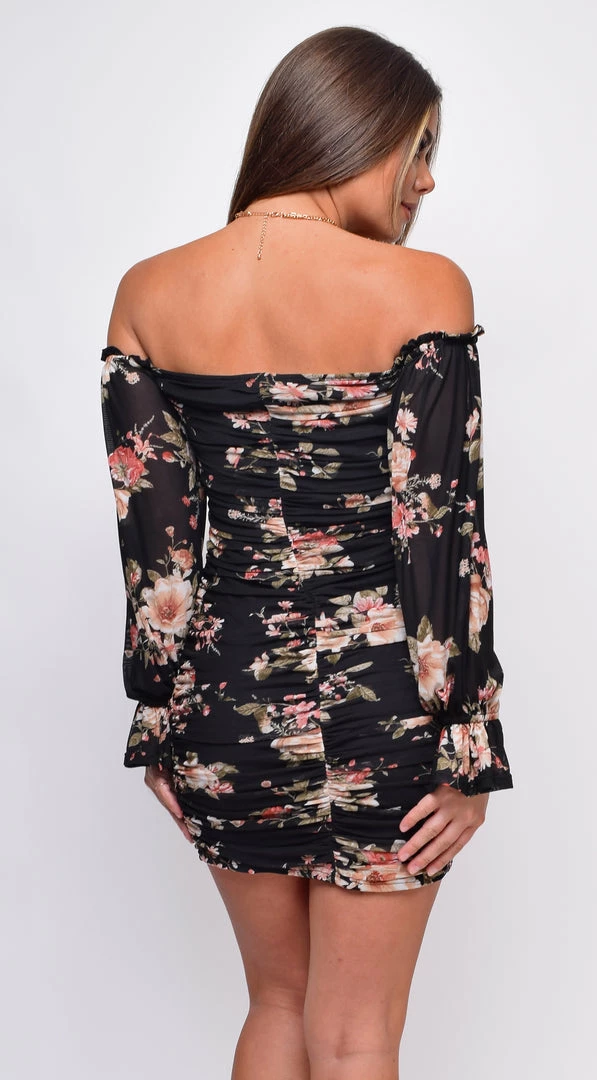 Emprada Dresses Bellina Black Floral Off Shoulder Mini Dress 2 Emprada Dresses Bellina Black Floral Off Shoulder Mini Dress