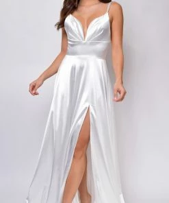 Emprada Brissa White Satin Side Slit Gown