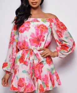 Emprada Acacia White Pink Floral Off Shoulder Romper
