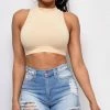 Emprada Hedy Nude Beige Mock Neck Sleeveless Racerback Crop Top Loungewear
