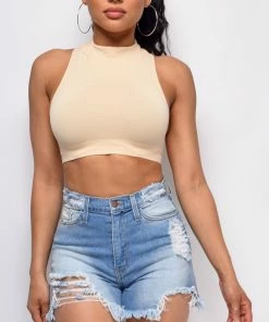 Emprada Hedy Nude Beige Mock Neck Sleeveless Racerback Crop Top Loungewear