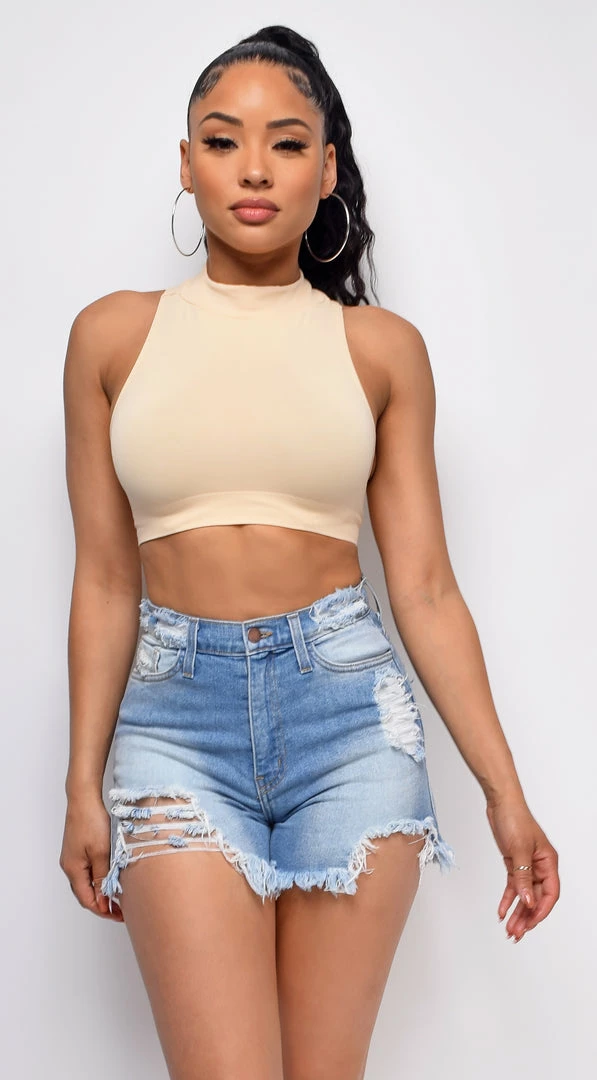 Emprada Hedy Nude Beige Mock Neck Sleeveless Racerback Crop Top Loungewear 1 Emprada Hedy Nude Beige Mock Neck Sleeveless Racerback Crop Top Loungewear