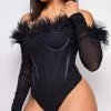 Emprada Sierra Black Off Shoulder Feather Mesh Bodysuit Tops
