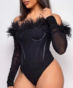 Emprada Sierra Black Off Shoulder Feather Mesh Bodysuit Tops