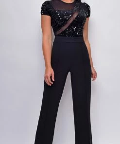 Emprada Jaqueta Black Sequin Mesh Short Sleeve Jumpsuit Jumpsuits & Rompers
