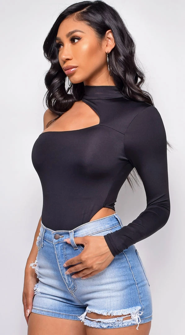 Emprada Valli Black Mock Neck One Shoulder Bodysuit Tops 2 Emprada Valli Black Mock Neck One Shoulder Bodysuit Tops