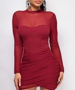 Emprada Alexane Burgundy Red Mesh Cross Over Ruched Dress
