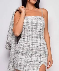 Emprada Giorgiana Grey Plaid Slit Dress & Crop Blazer Set Dresses