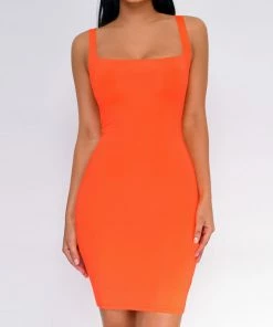 Emprada Alayna Neon Orange Square Neck Dress