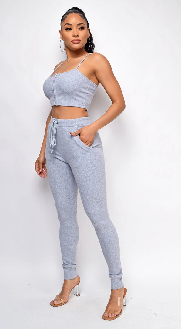 Emprada Loungewear Leon Grey Rib Crop Tank & High Waist Jogger Set 3 Emprada Loungewear Leon Grey Rib Crop Tank & High Waist Jogger Set