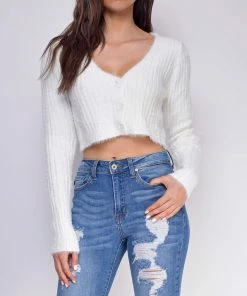 Emprada Bexley White Button Crop Sweater Top