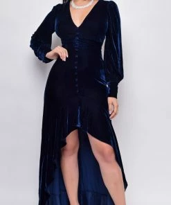 Emprada Dresses Charmed Navy Blue Velvet High Low Hem Ruffle Maxi Dress