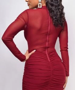 Emprada Alexane Burgundy Red Mesh Cross Over Ruched Dress