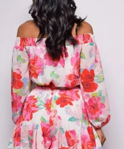 Emprada Acacia White Pink Floral Off Shoulder Romper