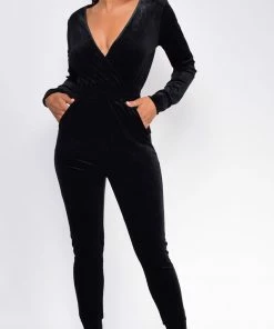 Emprada Tessa Black Velvet Wrap Plunge Jumpsuit Velvet Dresses