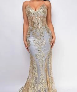 Emprada Toira Gold Mist Floral Print Corset Mermaid Gown Dresses