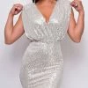 Emprada Stare Silver Nude Sequin V-Neck Shoulder Pad Mini Dress