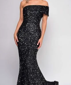 Emprada Elena Black One Shoulder Sequin Gown Dresses