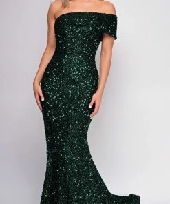 Emprada Elena Green One Shoulder Sequin Gown Dresses