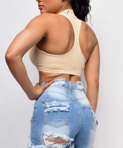 Emprada Hedy Nude Beige Mock Neck Sleeveless Racerback Crop Top Loungewear