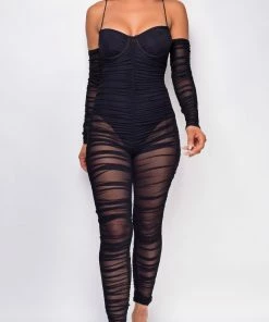 Emprada Jumpsuits & Rompers Felisa Black Mesh Ruched Jumpsuit