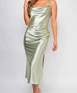 Emprada Dresses Lavinia Sage Green Satin Midi Dress