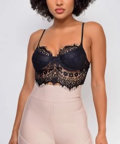 Emprada Tops Katalina Black Lace Strappy Crop Top