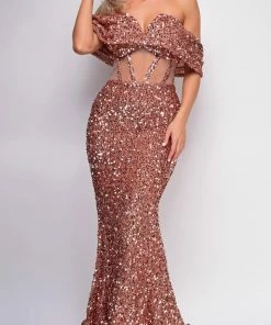 Emprada Dresses Valerie Rosewood Brown Off Shoulder Sequin Gown