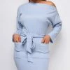 Emprada Koreen Blue Off Shoulder Long Sleeve Dress