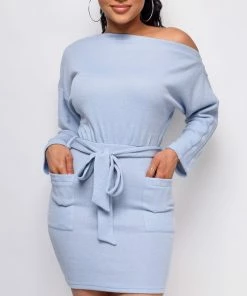 Emprada Koreen Blue Off Shoulder Long Sleeve Dress