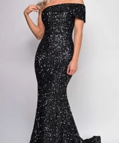 Emprada Elena Black One Shoulder Sequin Gown Dresses