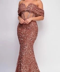Emprada Dresses Valerie Rosewood Brown Off Shoulder Sequin Gown