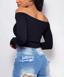 Emprada Arlo Black Ruched Long Sleeve Crop Top