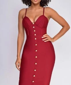 Emprada Dresses Nelinha Wine Red Gold Button Bandage Dress