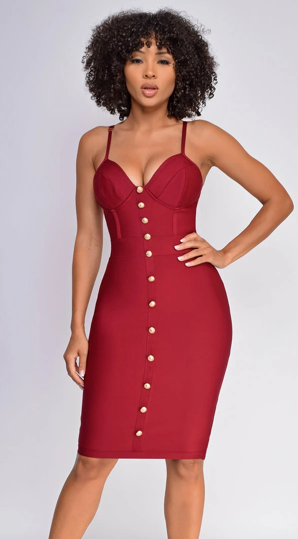 Emprada Dresses Nelinha Wine Red Gold Button Bandage Dress 1 Emprada Dresses Nelinha Wine Red Gold Button Bandage Dress