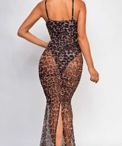 Emprada Shut It Down Brown Leopard Print Chained Lace Up Maxi Dress
