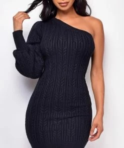 Emprada Dresses Lyon Black One Shoulder Sweater Dress