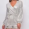 Emprada Tempo Silver Sequin Long Sleeve Belted Romper Jumpsuits & Rompers